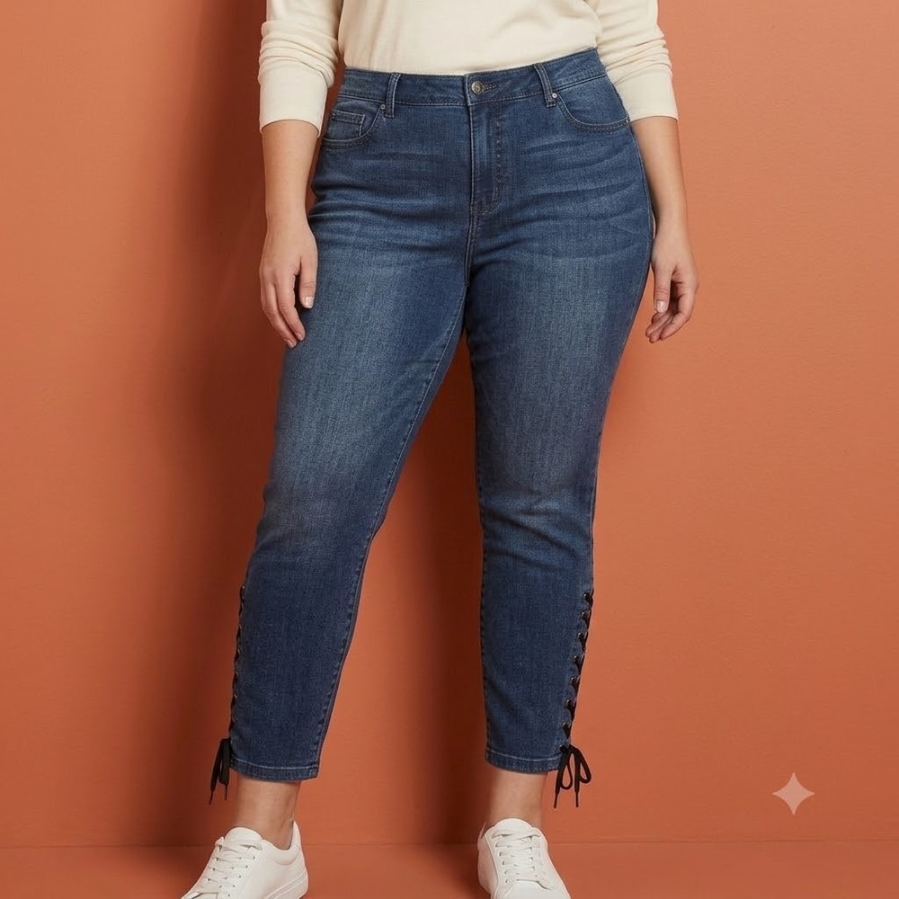 Artisan NY Women's Plus 14W Ankle Jeans Blue Lace Up Side Grommet Stretch EUC